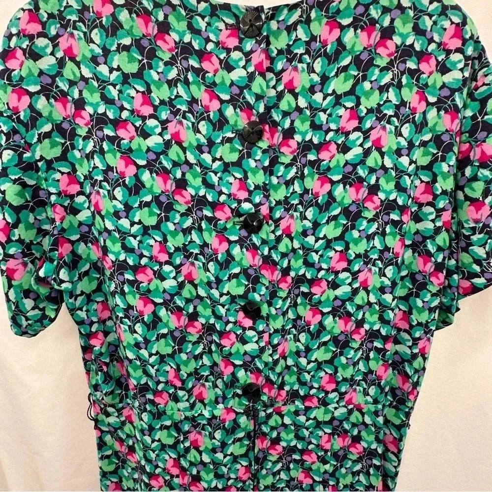 Annabelle Croft Vintage Midi Dress 12 Green Pink Short Sleeve Button Zip Closure - Picture 5 of 10